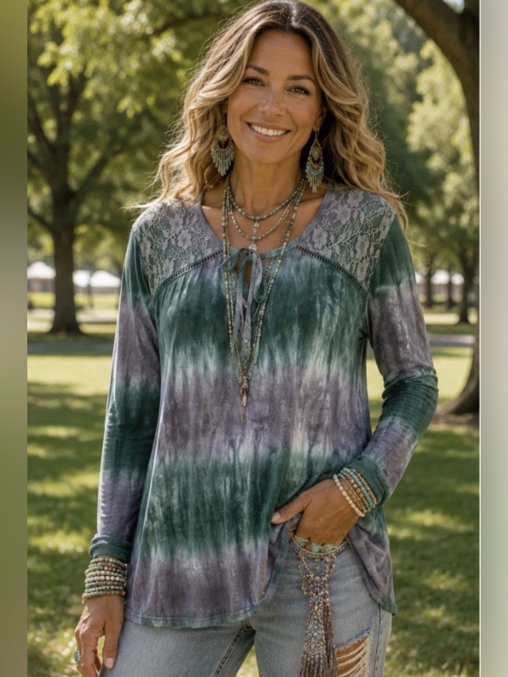 H164 NWT Yak n Yeti M ptp18-1 Lace Yoke Tie-Dye Long Sleeve Top in Green Gray